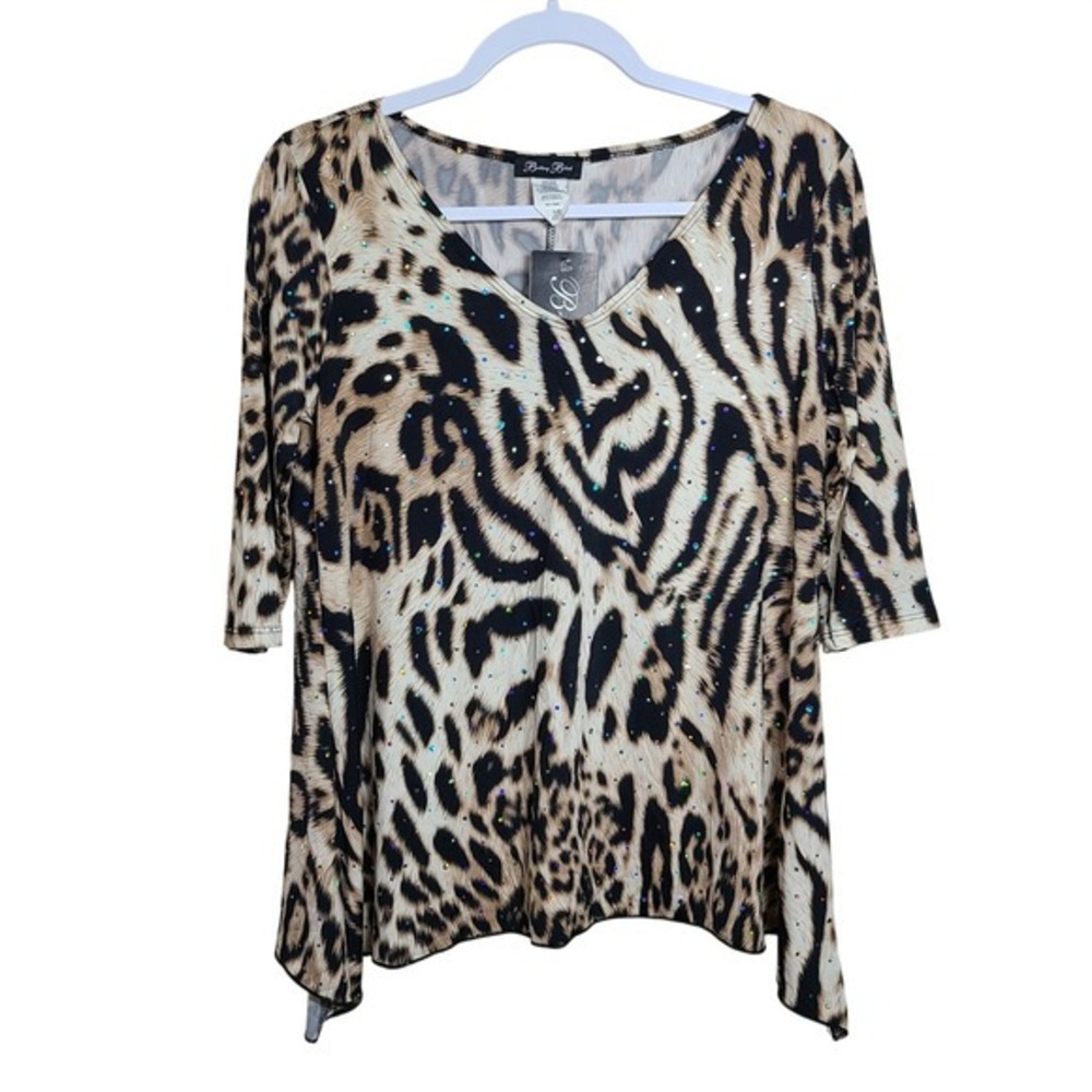 Leopard Print Rhinestone V-Neck Tunic Top S 3/4 Sleeve Glam Y2K Diva‎ NWT